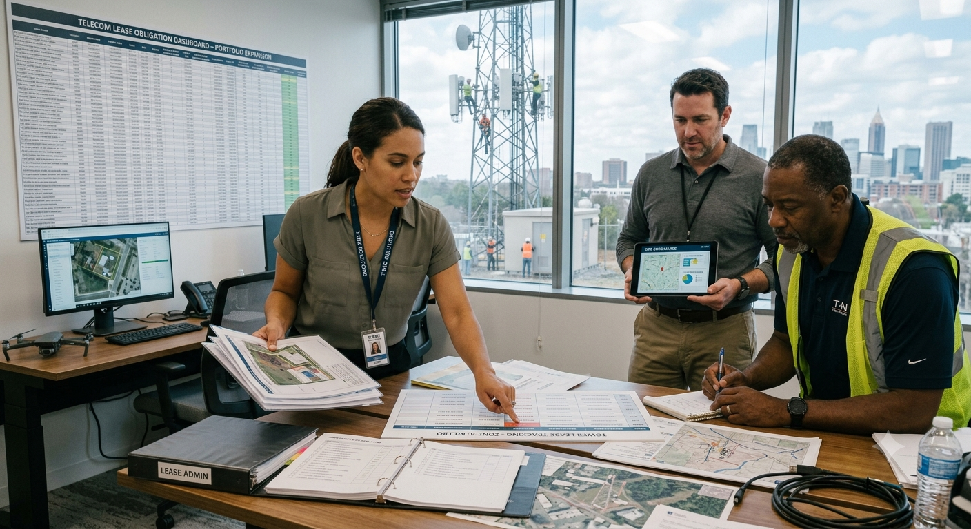 Telecom rent escalation review with schedules, trend chart, and cell tower site