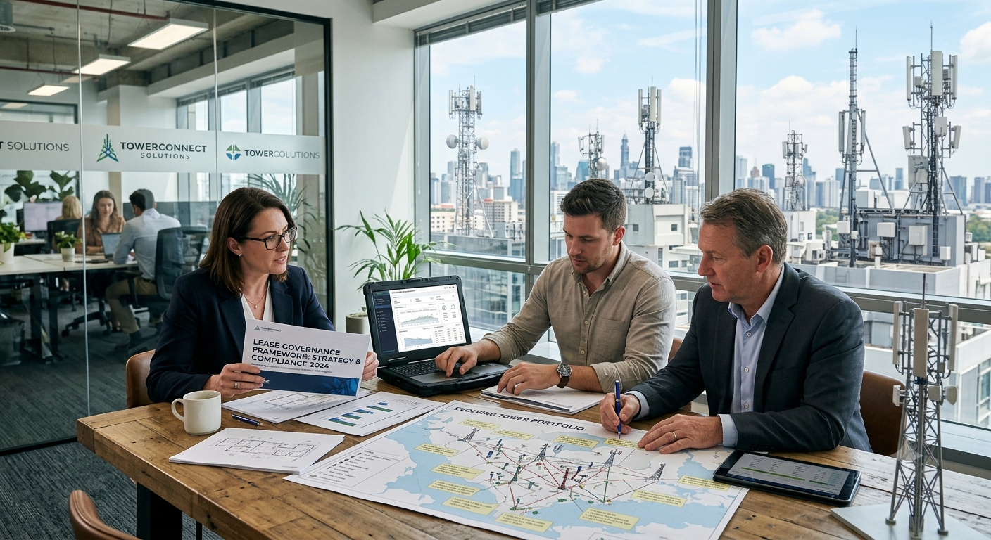 Cell tower site with digital lease documentation and portfolio governance dashboard
