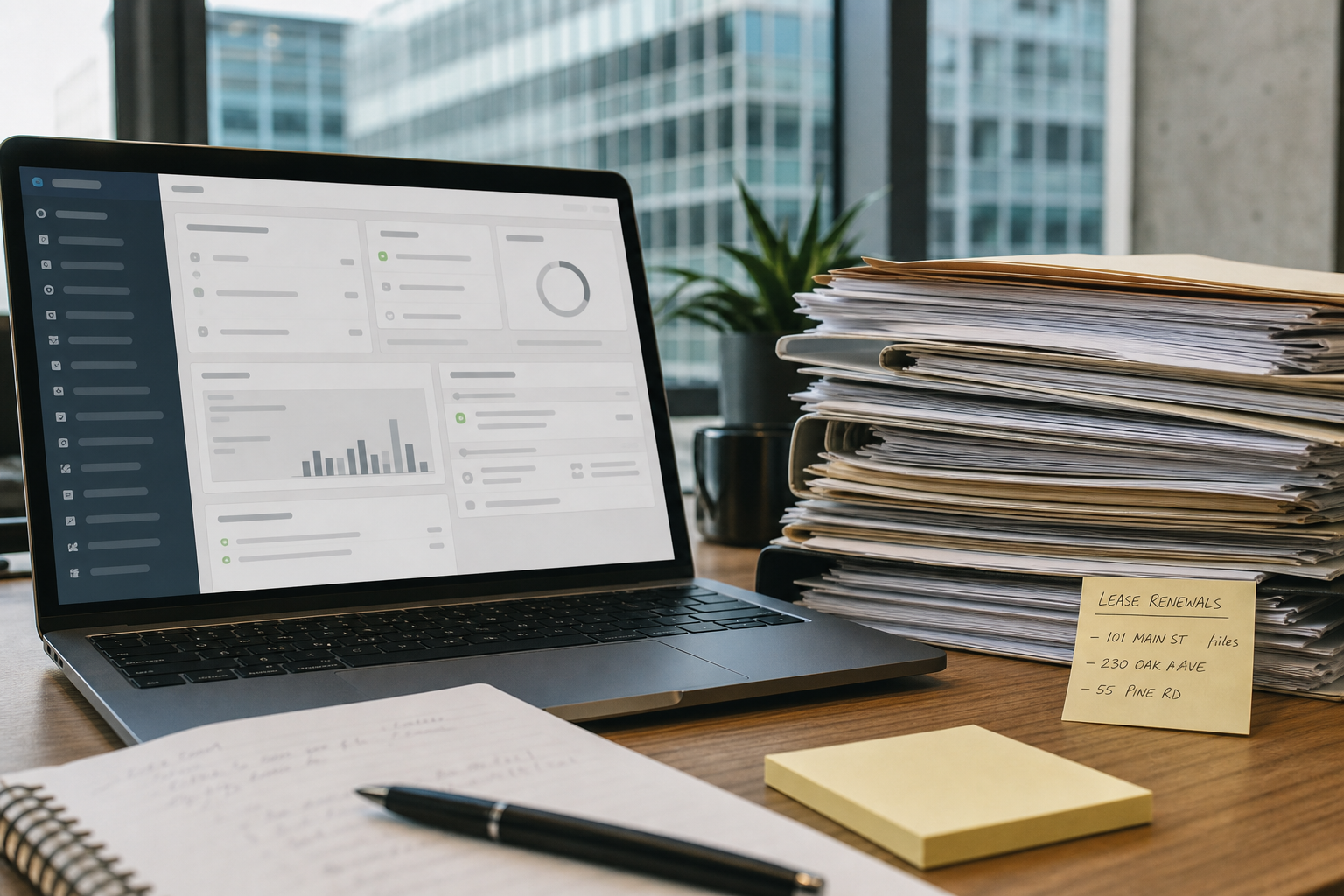 Underused property management software dashboard beside stacked office lease files