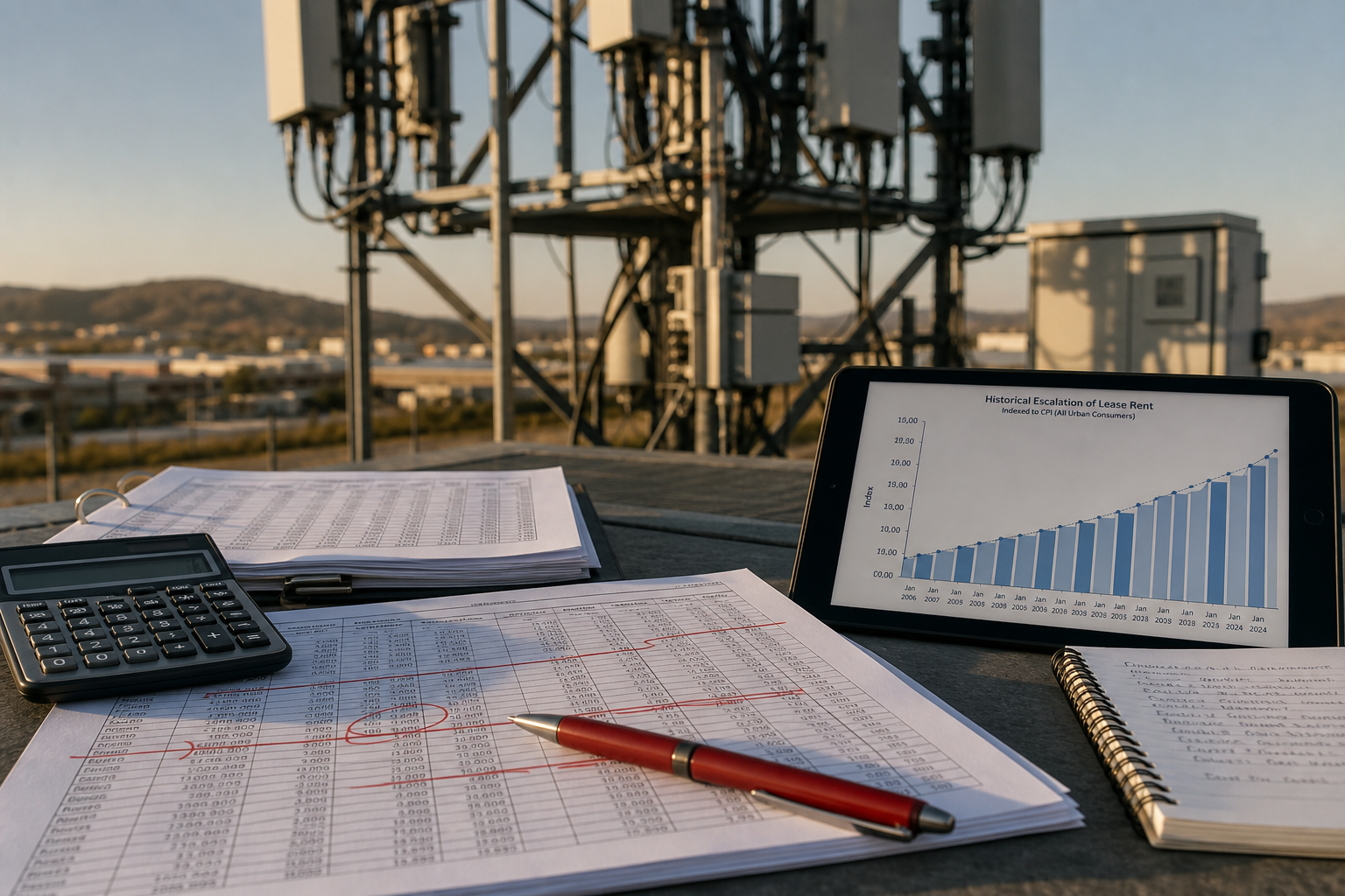 Telecom rent escalation review with schedules, trend chart, and cell tower site