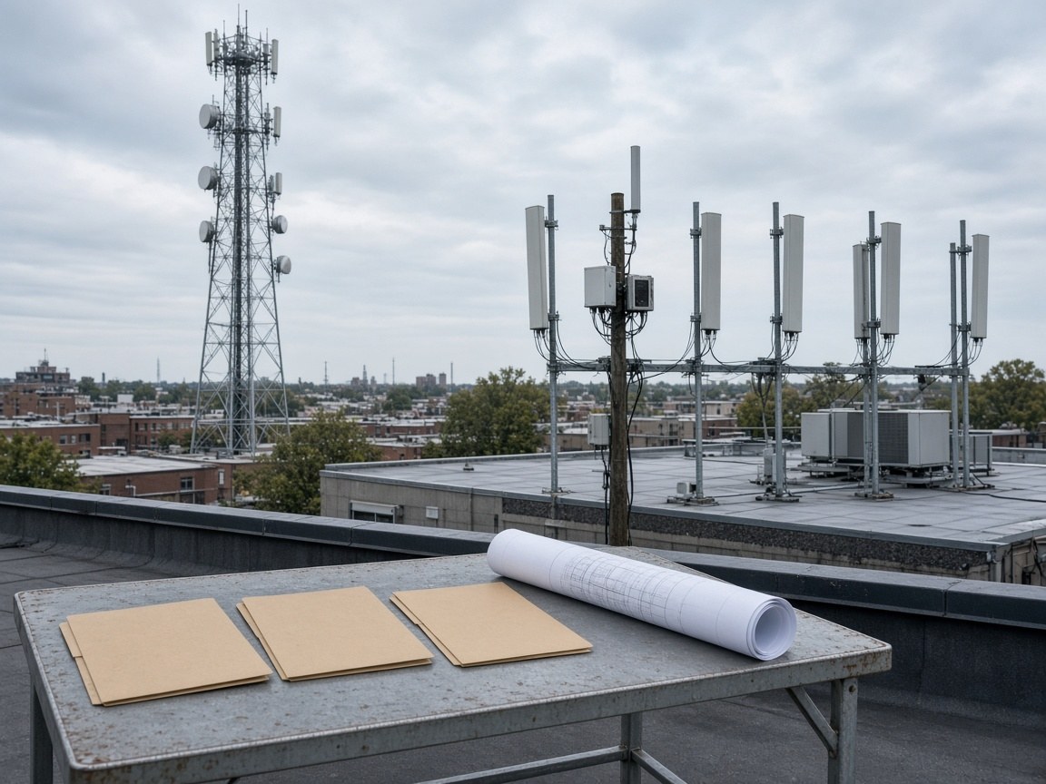Tower multiple lease structures case study showing a lattice tower, rooftop antennas, and lease folders