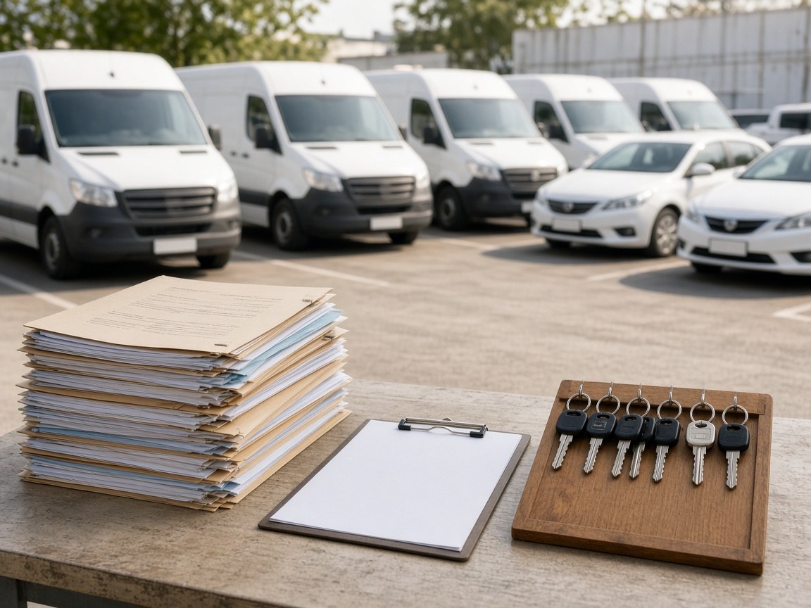 Vehicle audit ready records case study showing fleet vehicles, lease files, and a key board